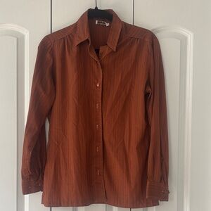 🌸 3/$15 Vintage Rust with Black Strips Button-Up Blouse